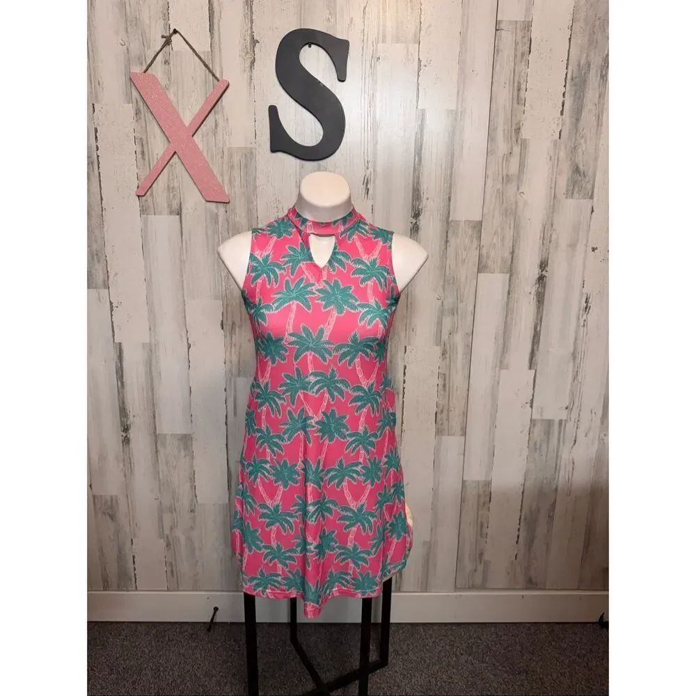 Southern Tide Palm Tree Print Dress XS Pink Green Sleeveless Shift Tropical